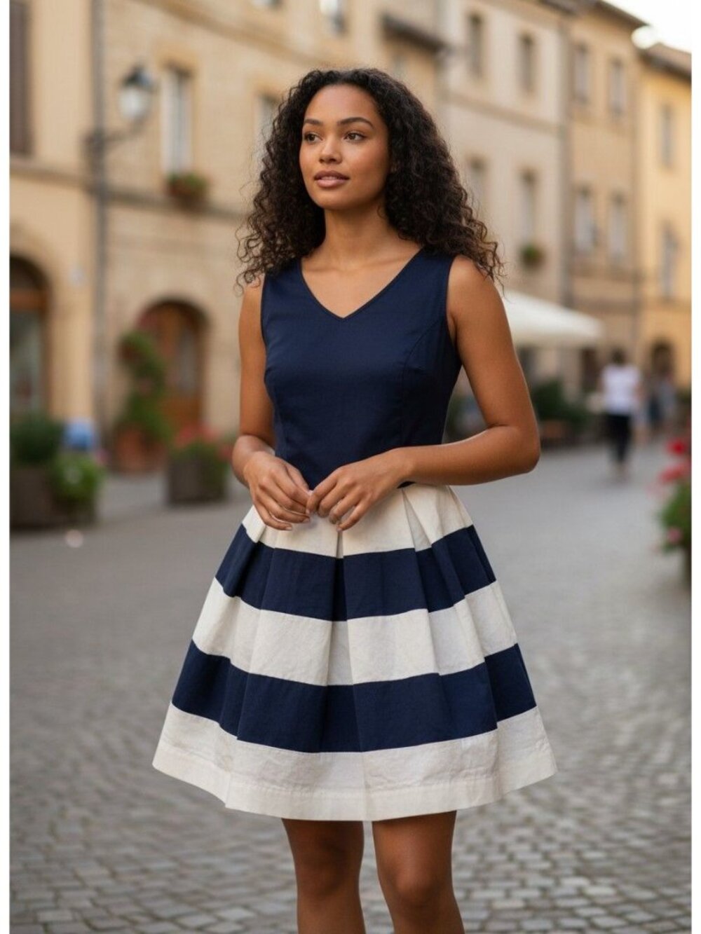 Banana Republic Petite Womens Navy White Striped Sleeveless Fit Flare Dress 6